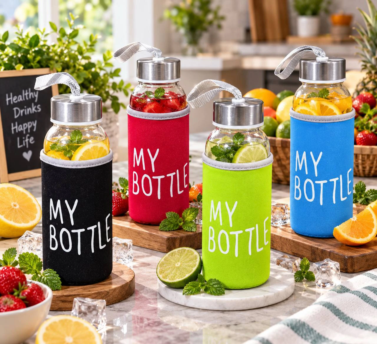 قارورة ماء زجاجية مع حافظة قماشية وحبل حمل (My Bottle Glass Water Bottle with Cloth Cover)