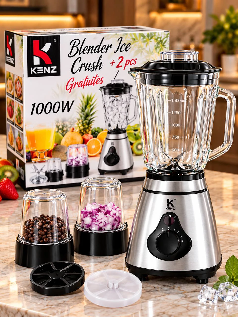 خلاط كهربائي زجاجي متعدد الاستخدامات مع ملحقين إضافيين (KENZ Blender Ice Crush 1000W - JX-6198)